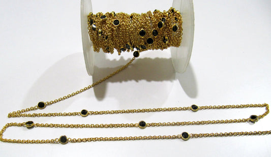 Natural Black Spinel Round 4mm Sterling Silver  bezel Connector Station Chain Sold Per Feet Top Quality Wholesale Price Jewelry Making Chain