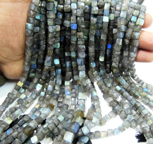 Top Quality Labradorite 3D Box beads,Blue Flashy labradorite Faceted Cube Beads 5to7mm size Superfine Cut and Polished Beads String 8inch