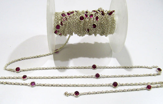 92.5% Sterling Silver Fancy Ruby  Round 4mm bezel Connector Station Chain Sold Per Feet Top Quality Wholesale Prices
