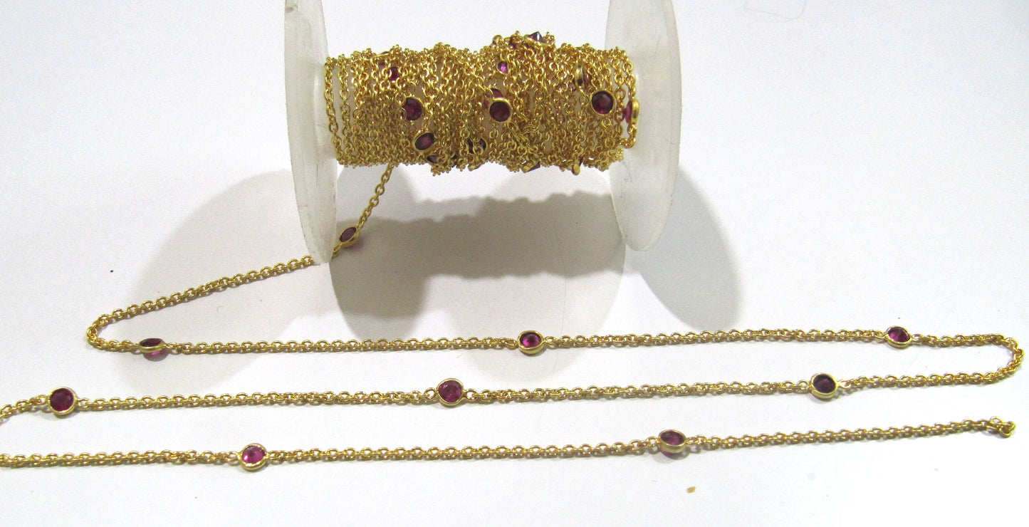 92.5% Sterling Silver Fancy Ruby  Round 4mm bezel Connector Station Chain Sold Per Feet Top Quality Wholesale Prices