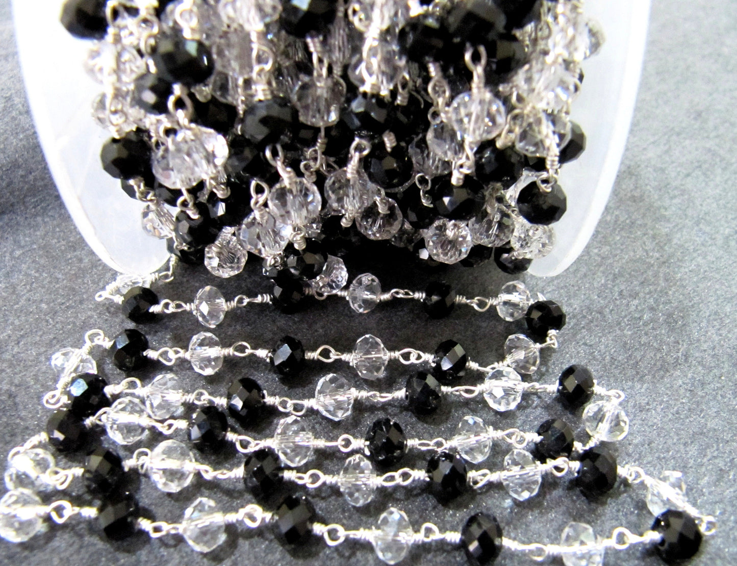 1 Foot -: Clear Quartz and Black Spinel Rondelle Faceted 6mm Size Beaded Wire Wrapped Rosary Chain in Wholesale Rates Handmade Chain