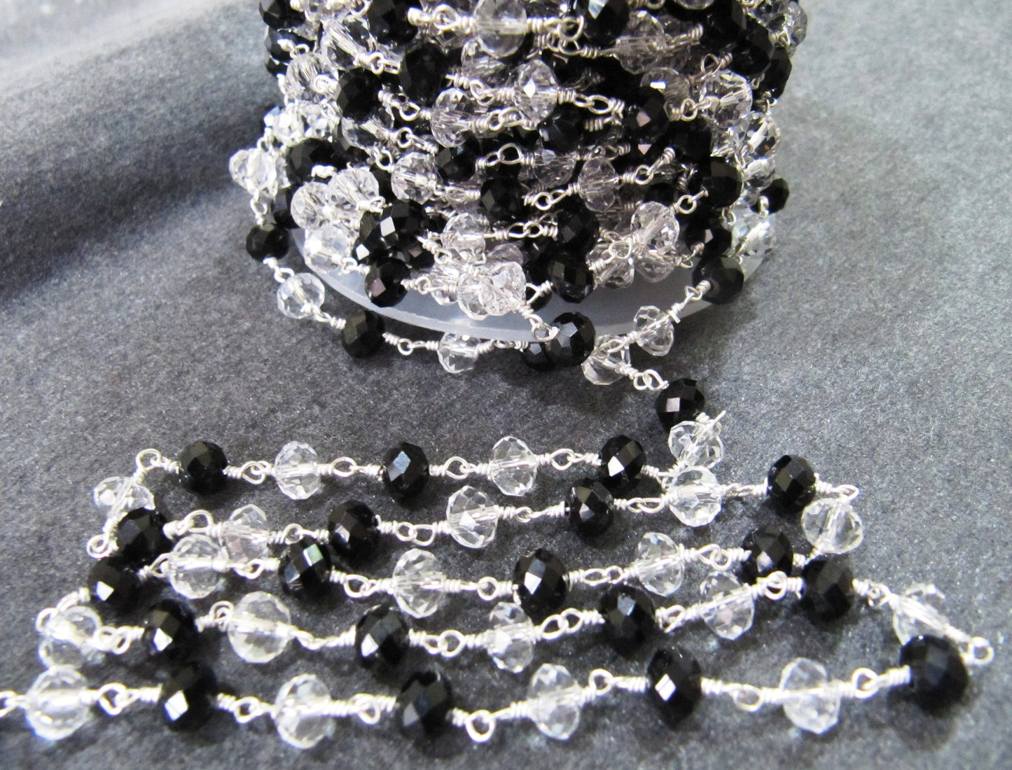 1 Foot -: Clear Quartz and Black Spinel Rondelle Faceted 6mm Size Beaded Wire Wrapped Rosary Chain in Wholesale Rates Handmade Chain