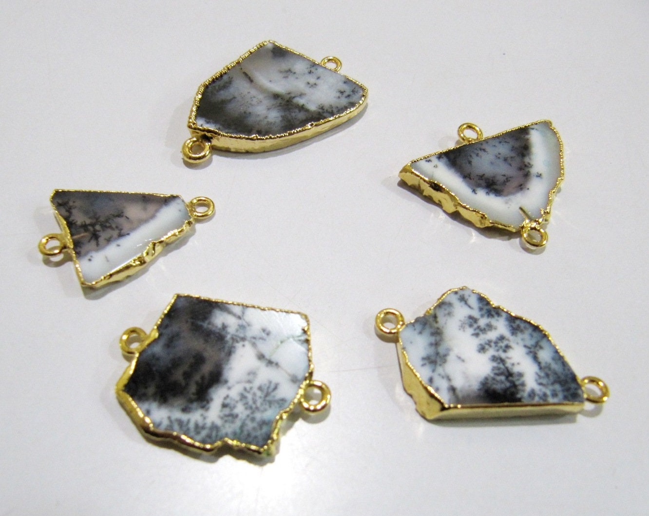 Natural Dendritic Opal Slice Connector Free Form Double Loop 1 inch approximately Top Quality Electroplated Connectors Choose Plating