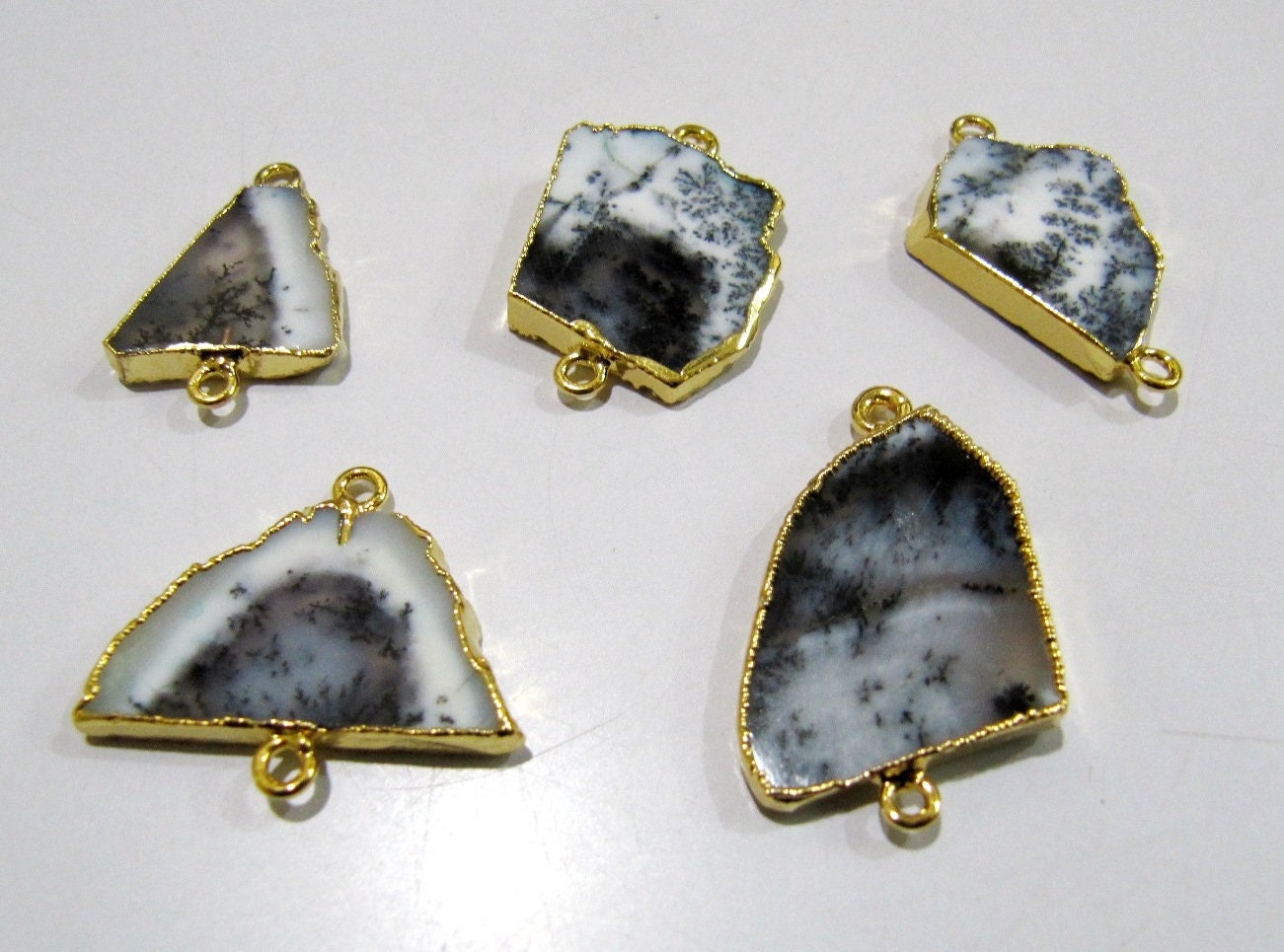 Natural Dendritic Opal Slice Connector Free Form Double Loop 1 inch approximately Top Quality Electroplated Connectors Choose Plating