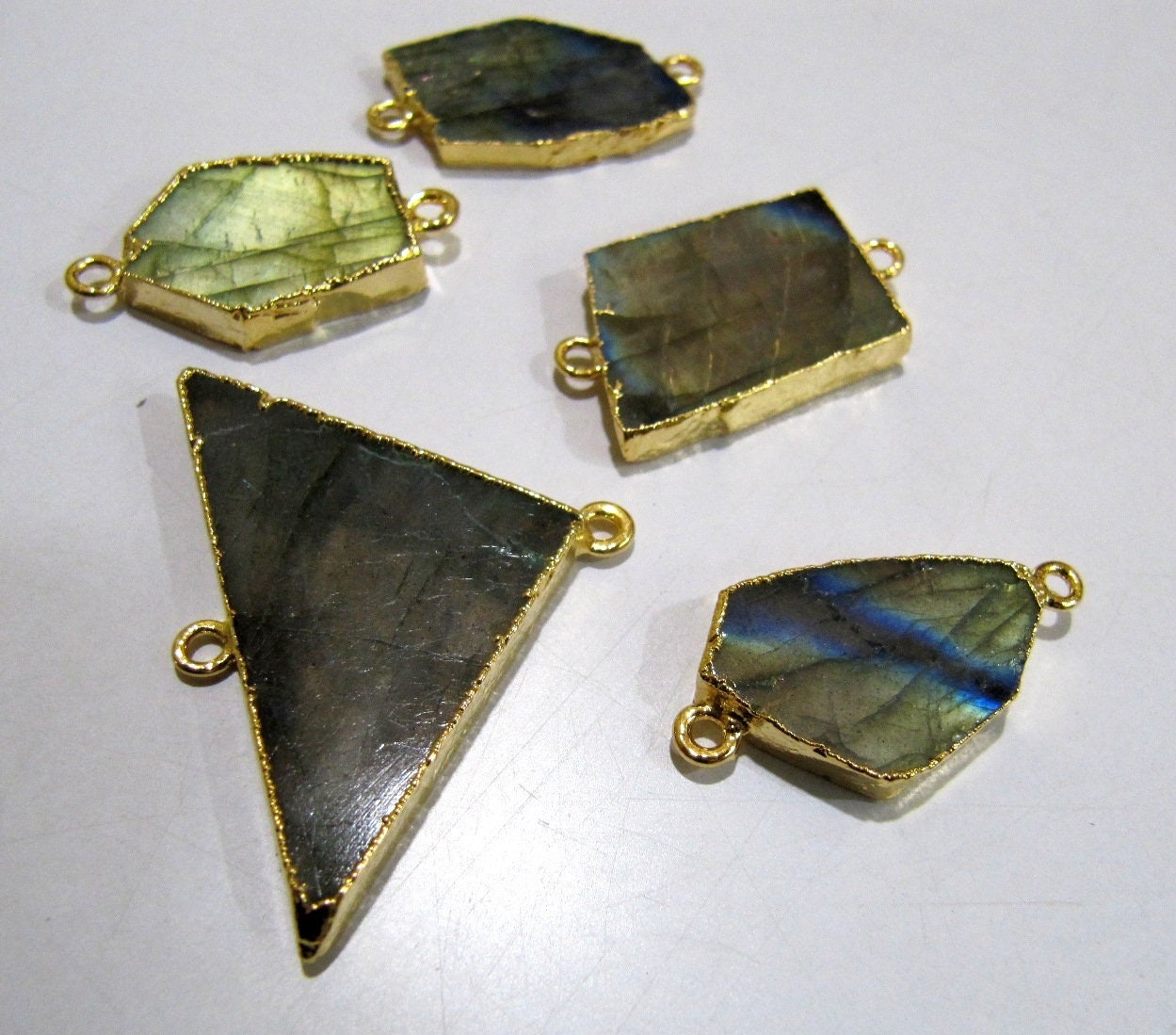 2Pc.- Natural Labradorite Slice Connector Free Form Double Loop 1 inch approximately Top Quality Edge Electroplated Connectors