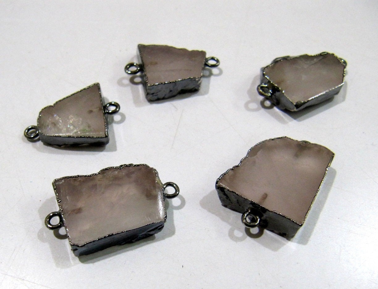 2 pieces- Natural Rose Quartz Slice Connector Free Form Double Loop 1 inch approximately Top Quality Electroplated Connectors charm