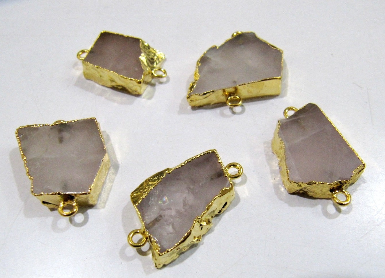 2 pieces- Natural Rose Quartz Slice Connector Free Form Double Loop 1 inch approximately Top Quality Electroplated Connectors charm