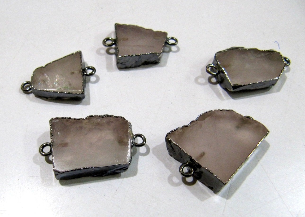 2 pieces- Natural Rose Quartz Slice Connector Free Form Double Loop 1 inch approximately Top Quality Electroplated Connectors charm