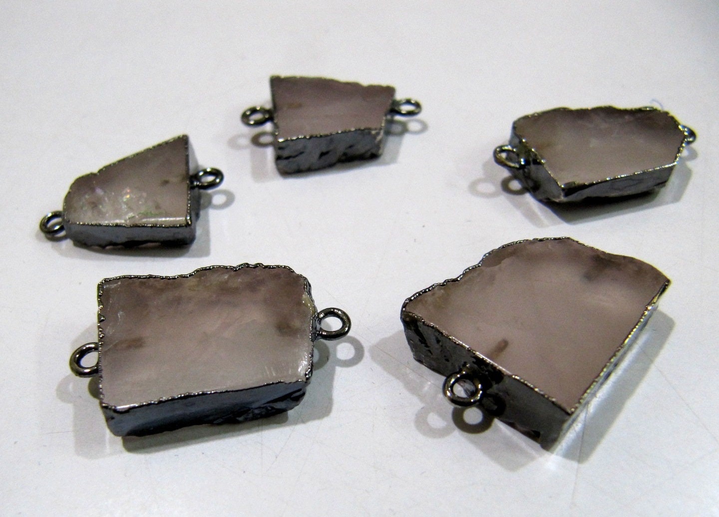 2 pieces- Natural Rose Quartz Slice Connector Free Form Double Loop 1 inch approximately Top Quality Electroplated Connectors charm