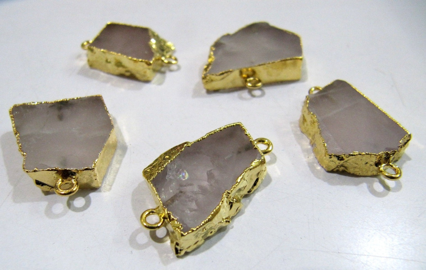 2 pieces- Natural Rose Quartz Slice Connector Free Form Double Loop 1 inch approximately Top Quality Electroplated Connectors charm