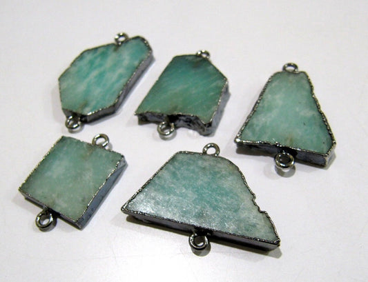 2 Piece- Natural Amazonite Slice Connector Free Form Double Loop charm 1 inch approximately Top Quality  Electroplated Jewelry making bezel