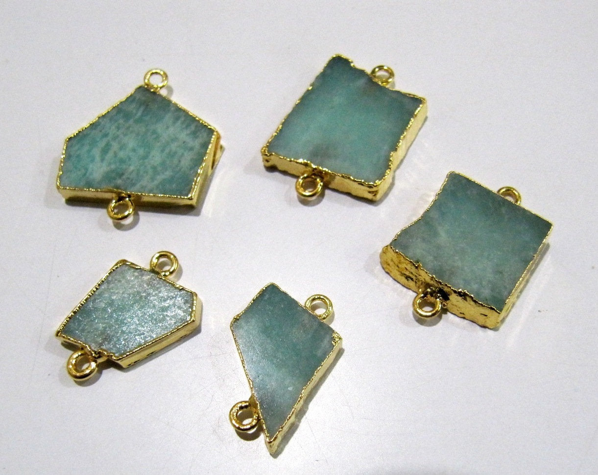 2 Piece- Natural Amazonite Slice Connector Free Form Double Loop charm 1 inch approximately Top Quality  Electroplated Jewelry making bezel