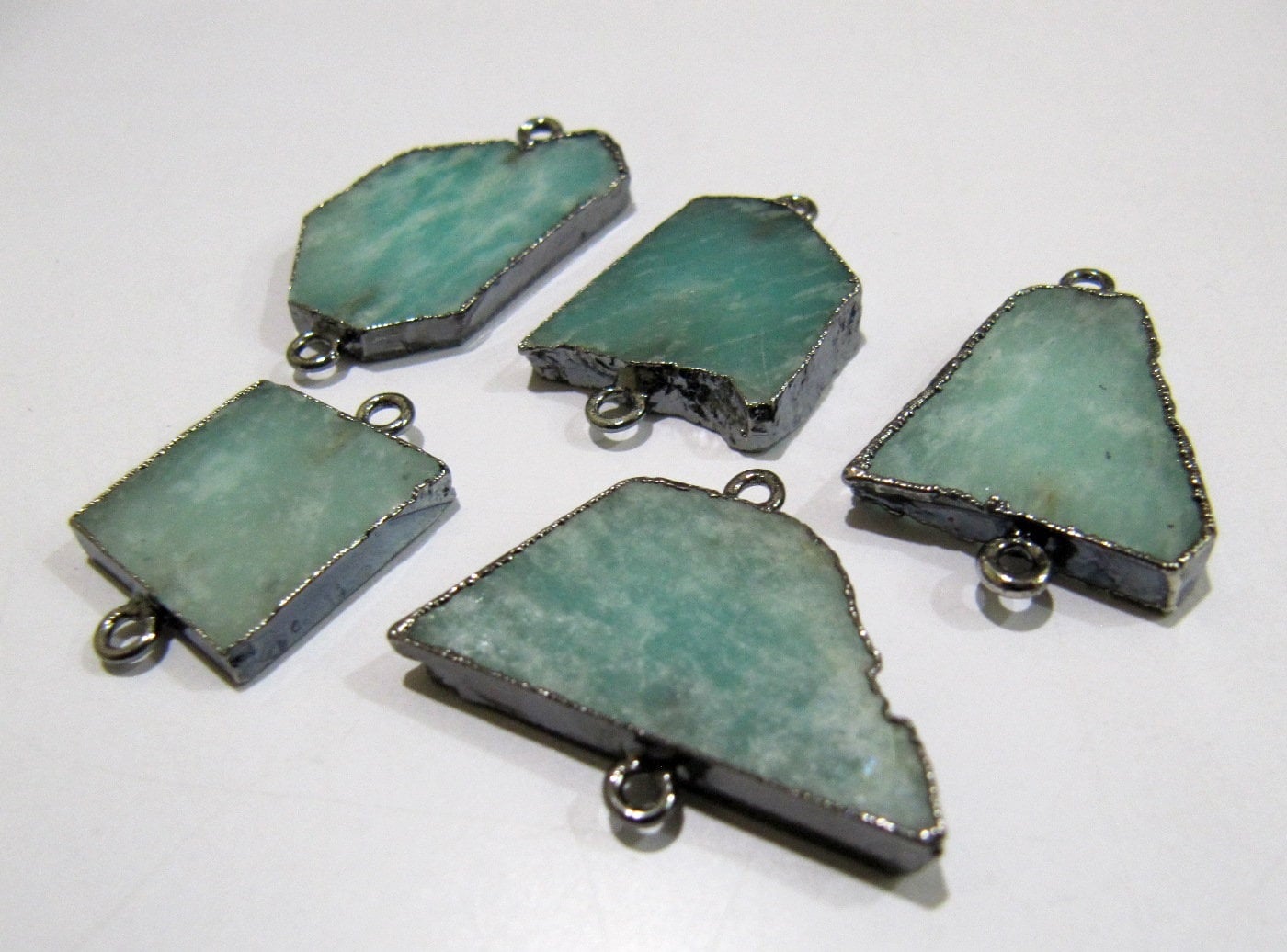 2 Piece- Natural Amazonite Slice Connector Free Form Double Loop charm 1 inch approximately Top Quality  Electroplated Jewelry making bezel