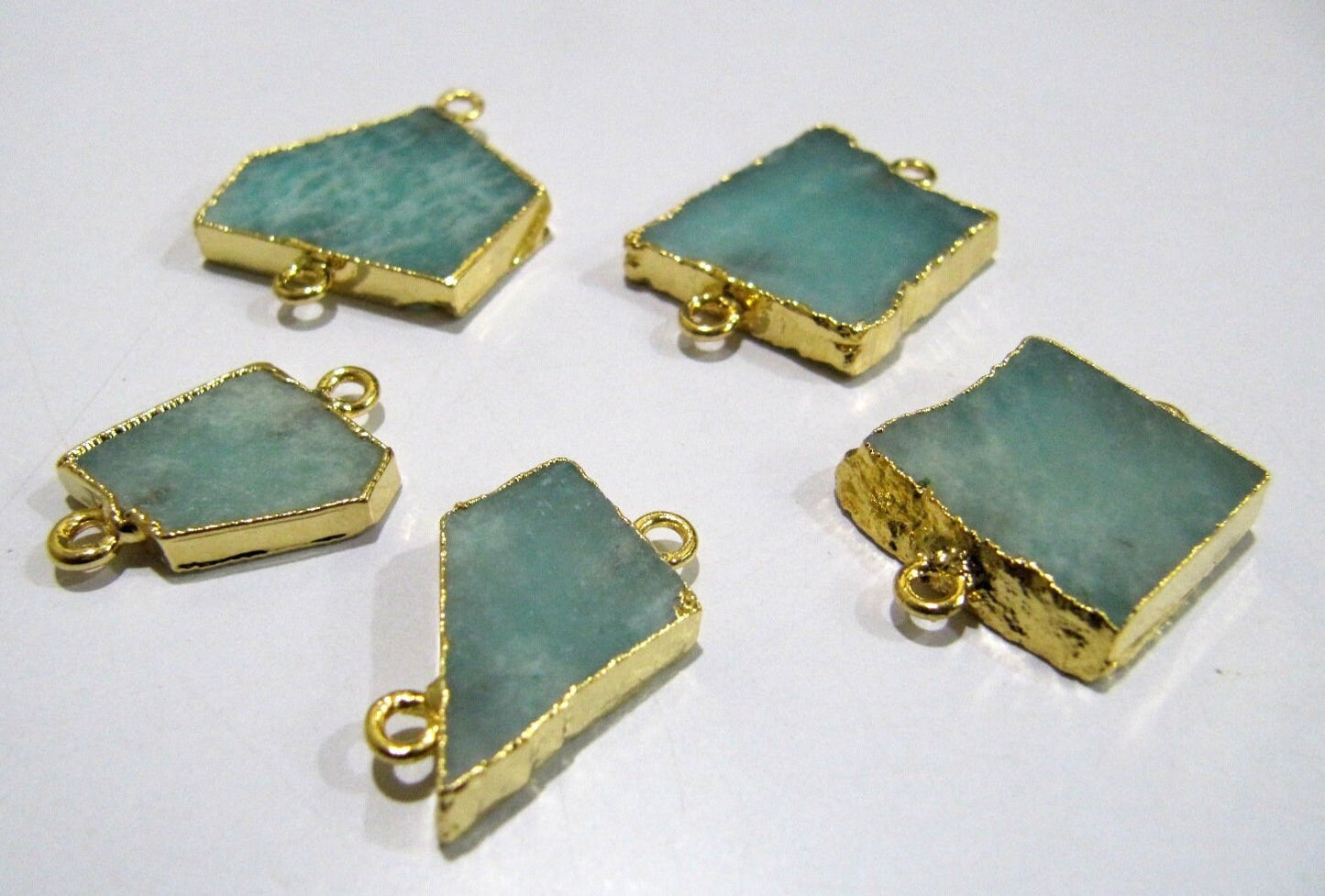 2 Piece- Natural Amazonite Slice Connector Free Form Double Loop charm 1 inch approximately Top Quality  Electroplated Jewelry making bezel