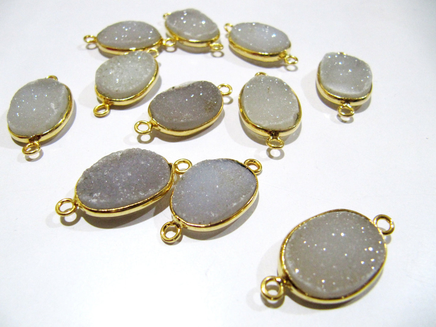 Set Of 2 Piece Natural White Druzy Oval Shape Connector  10x15mm to 14x20mm  Bezel , Gemstone Connector  Double Loop Bezel Wholesale Prices
