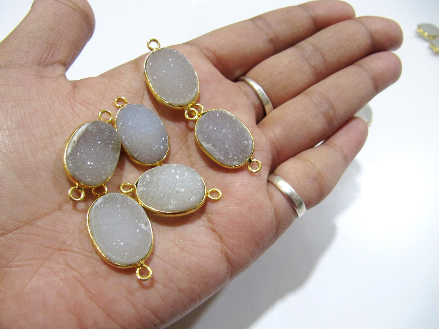 Set Of 2 Piece Natural White Druzy Oval Shape Connector  10x15mm to 14x20mm  Bezel , Gemstone Connector  Double Loop Bezel Wholesale Prices