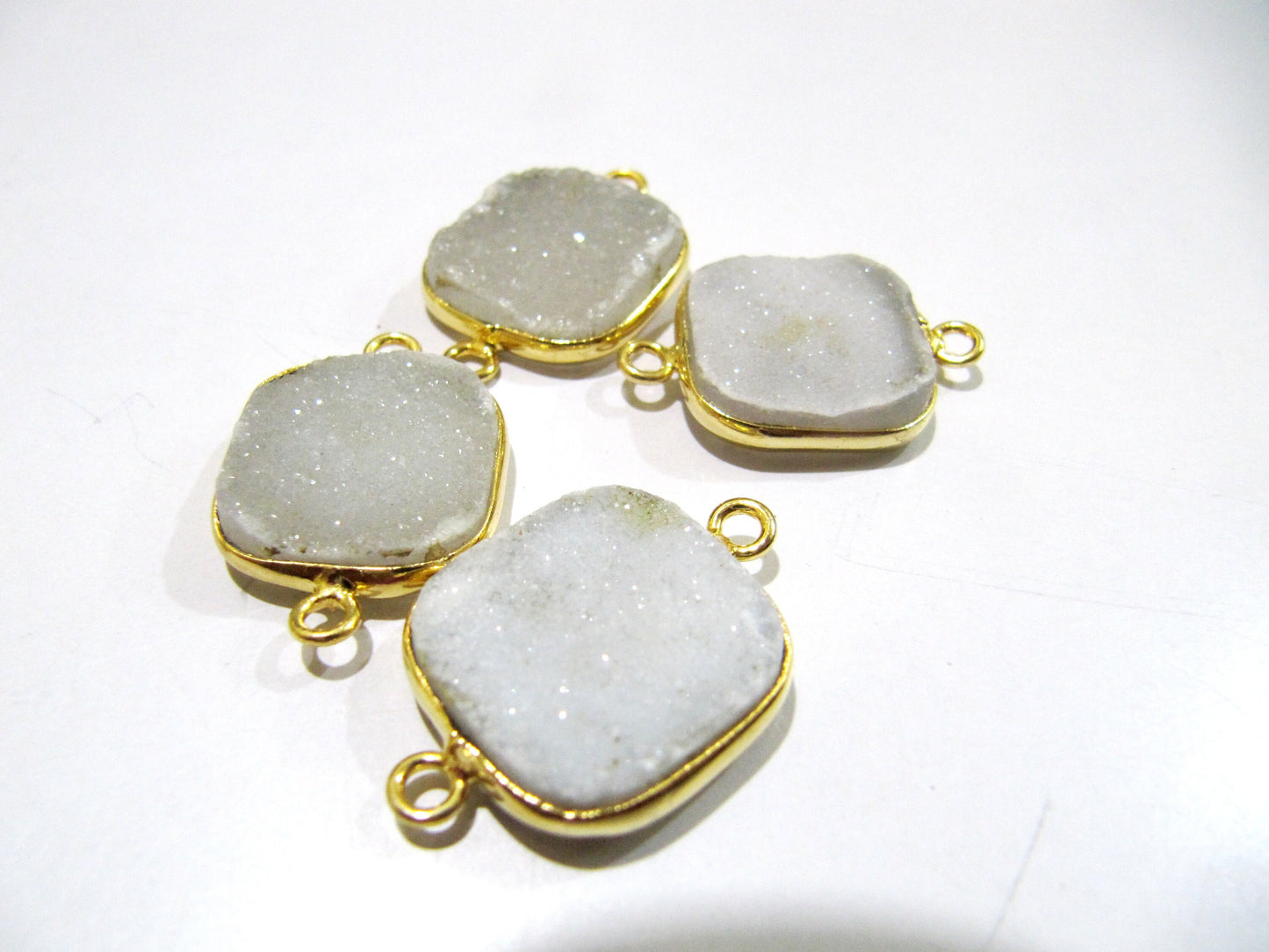 Natural White Druzy Cushion Shape Bezel Connector Size 17mm , Gemstone Connector  Double Loop Bezel Gold Plated Wholesale Prices