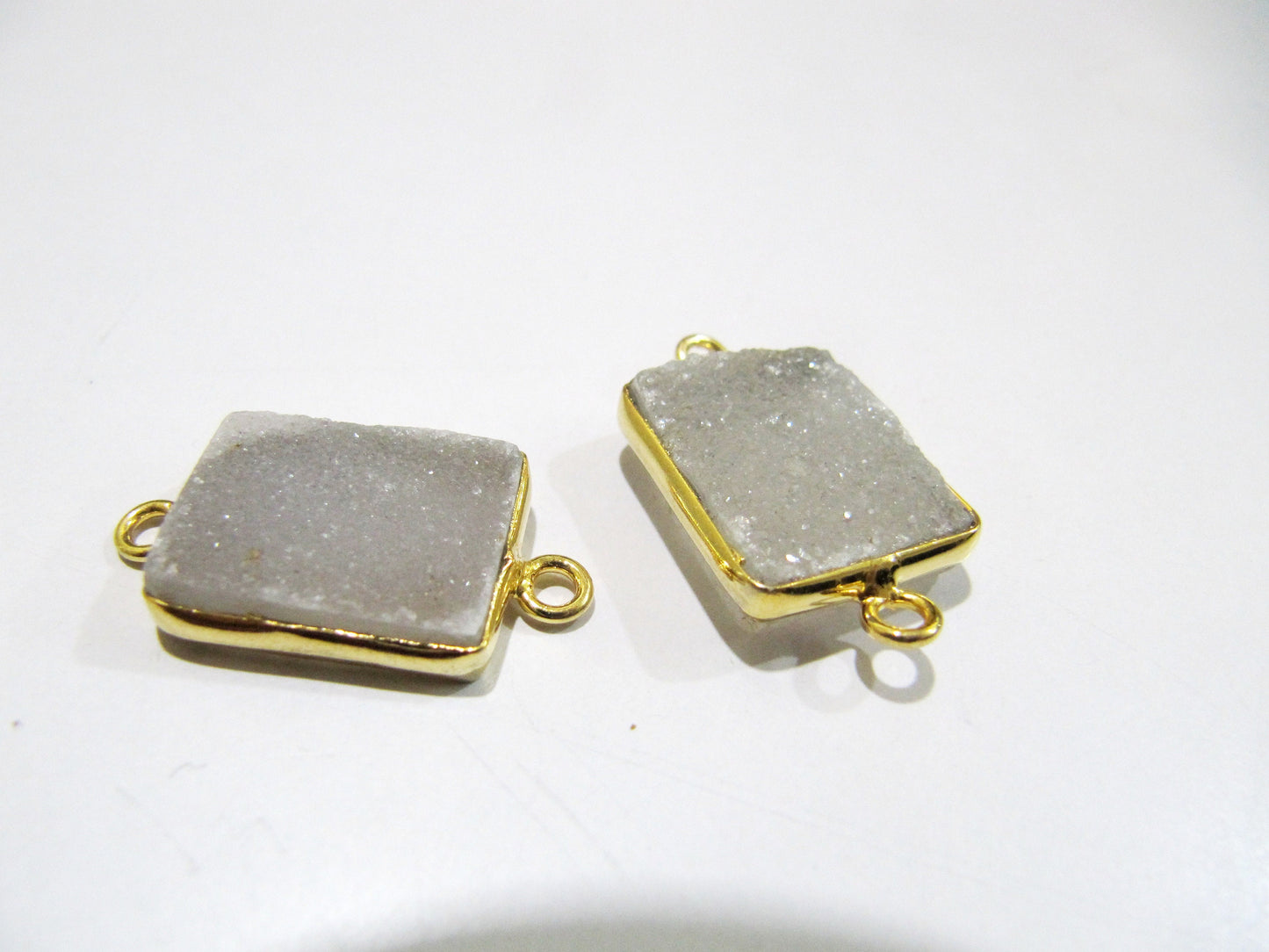 Natural White Druzy Rectangle Shape Connector Bezel Gold Plated Size 13x17mm  , Gemstone Connector  Double Loop Bezel Wholesale Prices