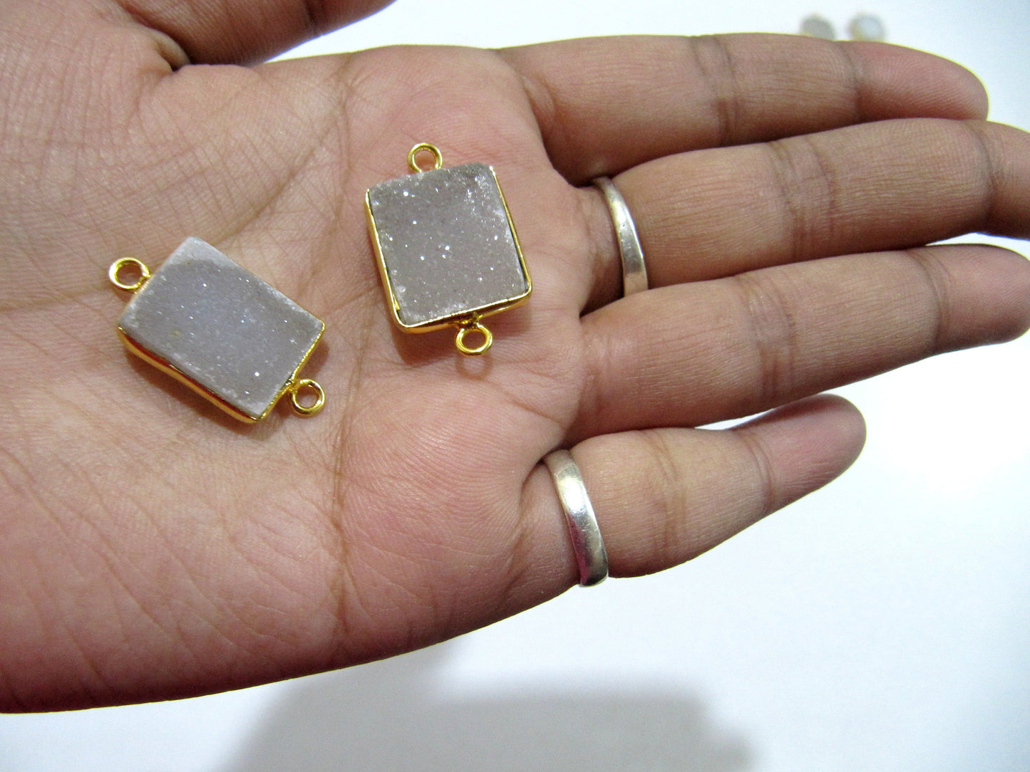 Natural White Druzy Rectangle Shape Connector Bezel Gold Plated Size 13x17mm  , Gemstone Connector  Double Loop Bezel Wholesale Prices
