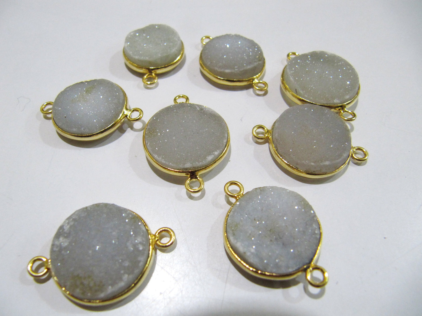 Set Of 2 Piece Natural White Druzy Round Shape Connector Bezel 16-17mm to 18-19mm  , Gemstone Connector  Double Loop Bezel Wholesale Prices