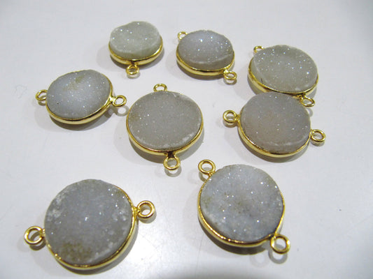 Set Of 2 Piece Natural White Druzy Round Shape Connector Bezel 16-17mm to 18-19mm  , Gemstone Connector  Double Loop Bezel Wholesale Prices