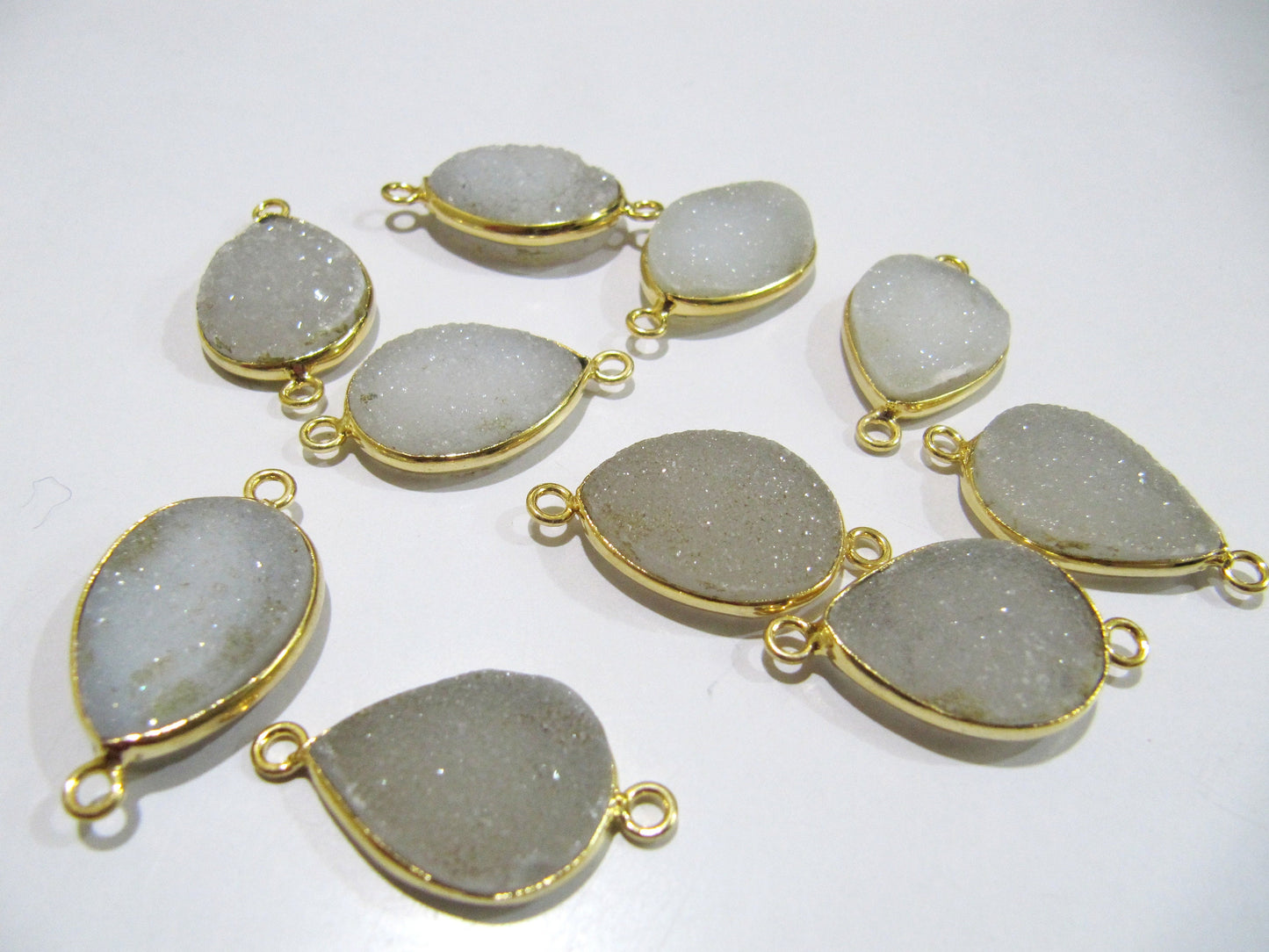 Set Of 2 Piece Natural White Druzy Round Shape Connector Bezel 16x21mm , Gemstone Connector Gold Plated Double Loop Bezel Wholesale Prices