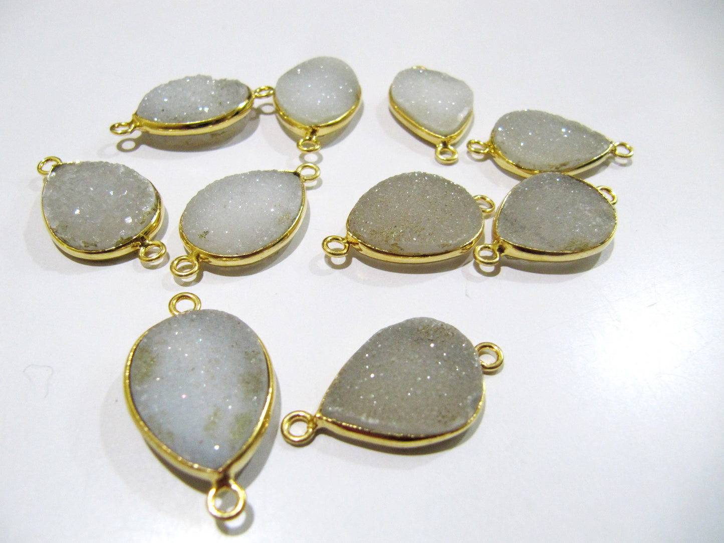 Set Of 2 Piece Natural White Druzy Round Shape Connector Bezel 16x21mm , Gemstone Connector Gold Plated Double Loop Bezel Wholesale Prices