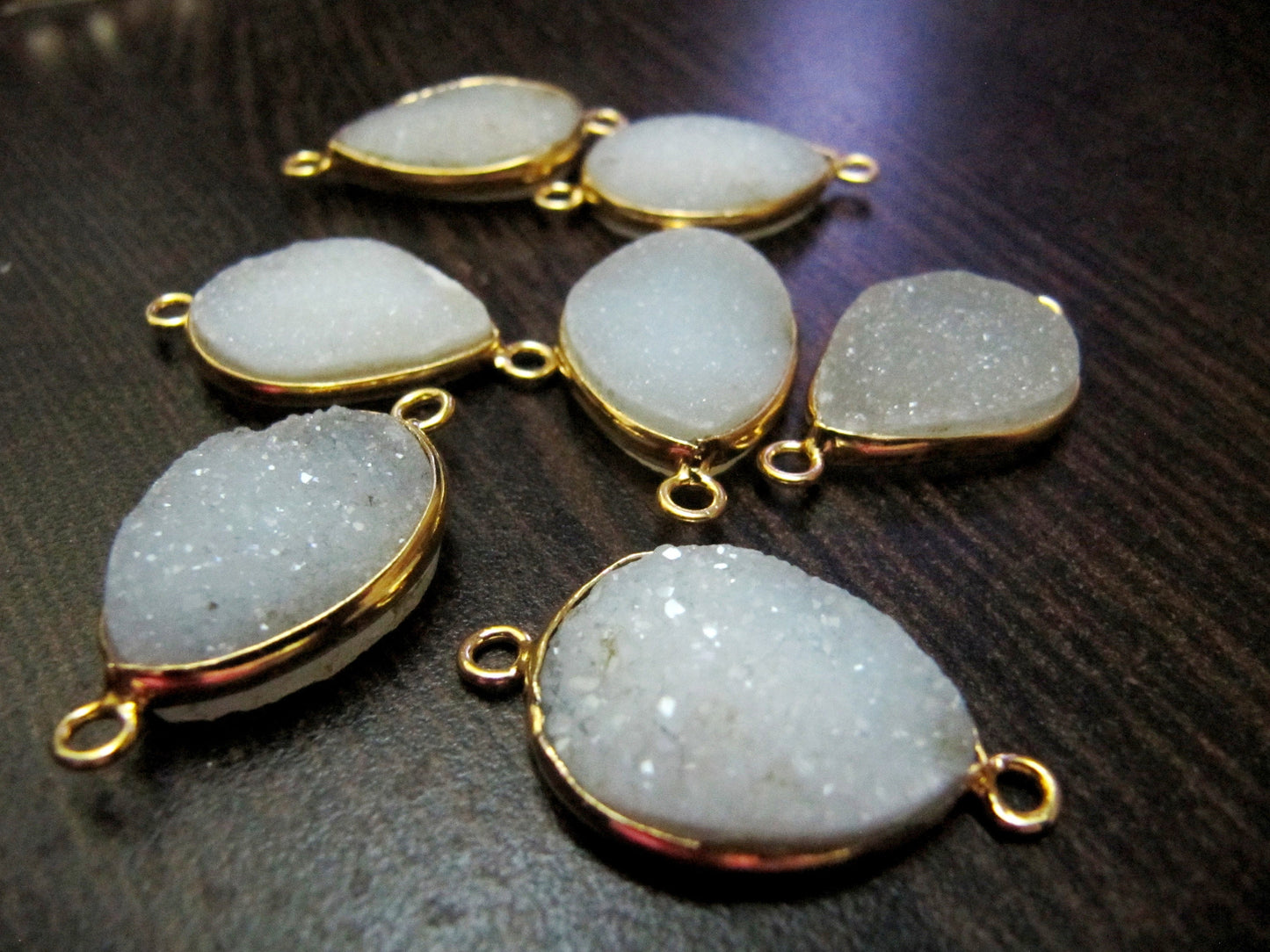 Set Of 2 Piece Natural White Druzy Round Shape Connector Bezel 16x21mm , Gemstone Connector Gold Plated Double Loop Bezel Wholesale Prices
