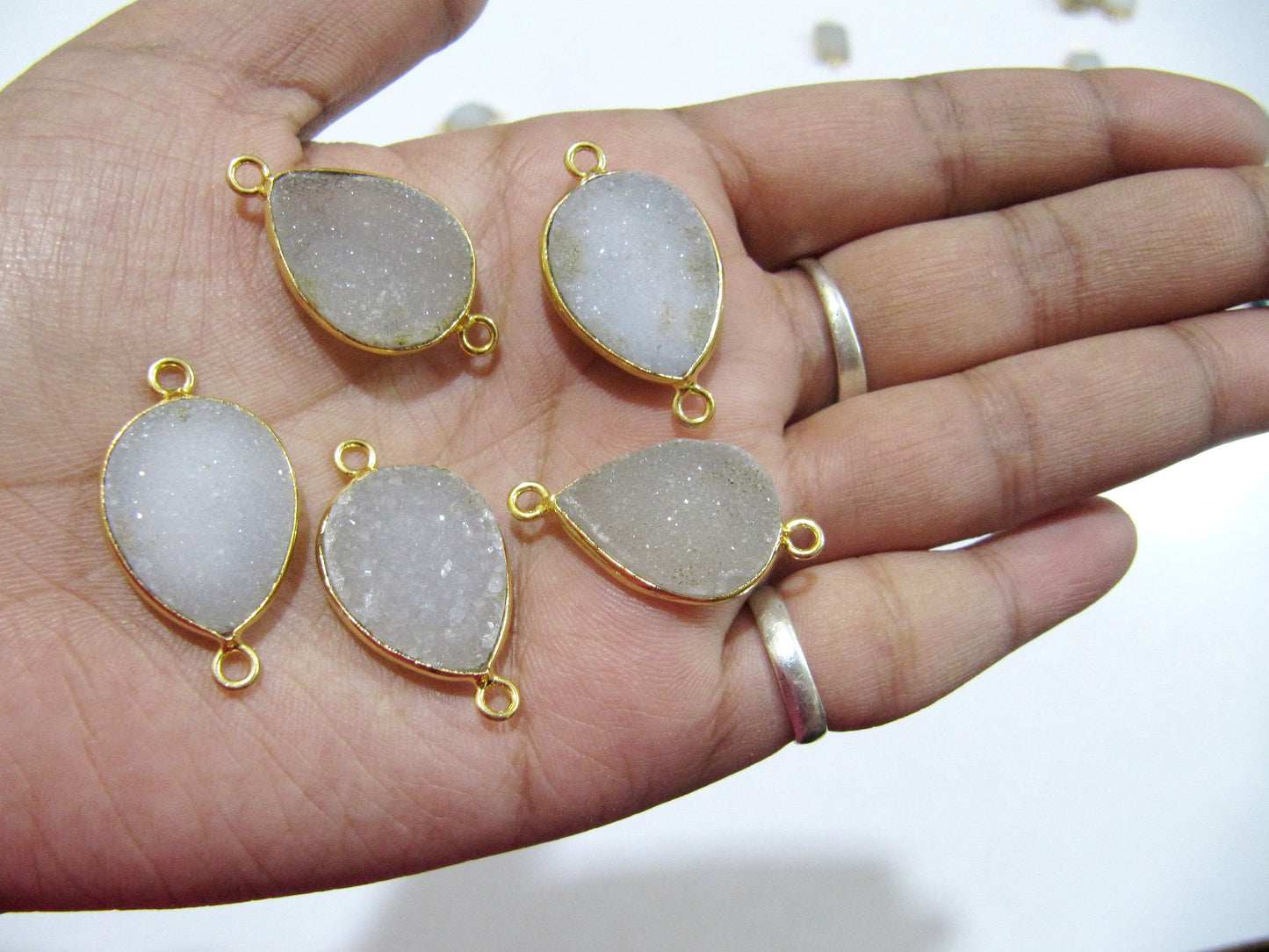 Set Of 2 Piece Natural White Druzy Round Shape Connector Bezel 16x21mm , Gemstone Connector Gold Plated Double Loop Bezel Wholesale Prices
