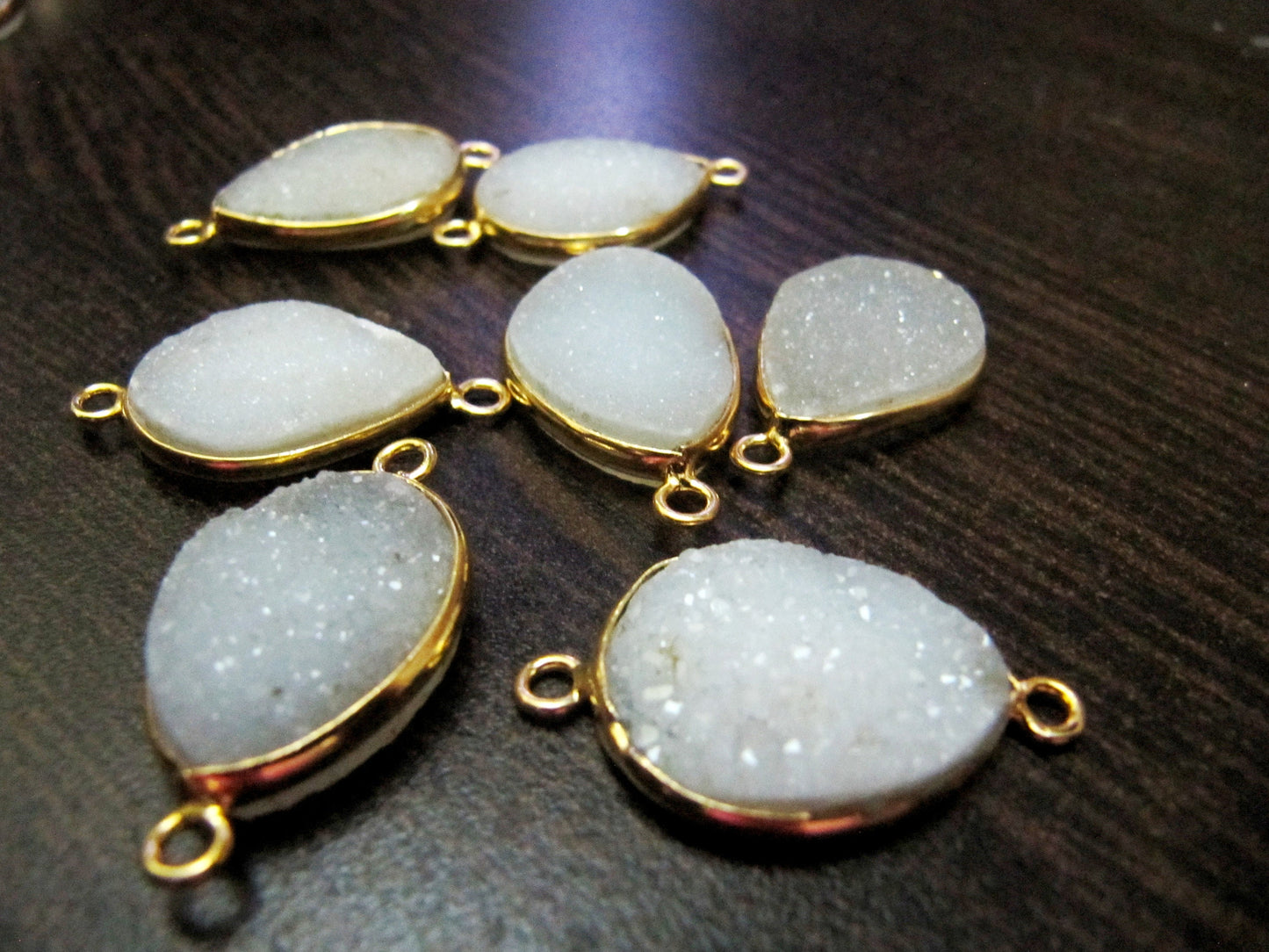 Set Of 2 Piece Natural White Druzy Round Shape Connector Bezel 16x21mm , Gemstone Connector Gold Plated Double Loop Bezel Wholesale Prices