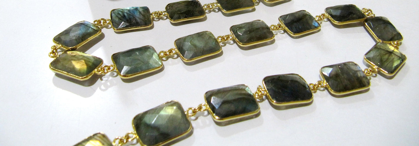 Natural Labradorite Cushion Shape Briolette faceted Bezel Connector Chain 13x17mm Gold Plated Sold Per Foot High Quality  Wholesale price