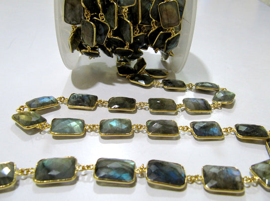 Natural Labradorite Cushion Shape Briolette faceted Bezel Connector Chain 13x17mm Gold Plated Sold Per Foot High Quality  Wholesale price