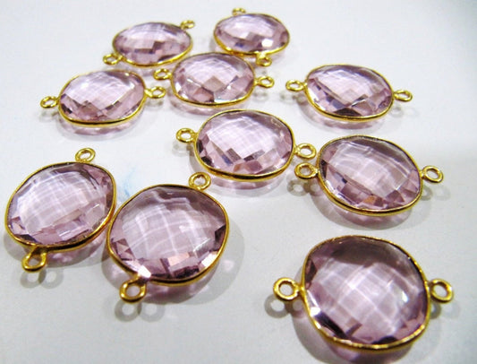 3 Pcs Set Pink Hydro Quartz Cushion Shape 15-16mm Briolette Connectors Hydro Quartz Plated Double Loop Bezel Jewelry Making Bezel Connectors
