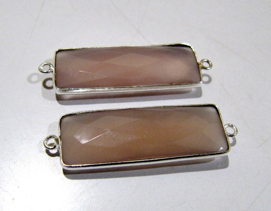 2 Pcs Set Pink Chalcedony Baguette Shape Double Loop Briolette Bezel 30x12mm approximately Connector Handmade Bezel Charms