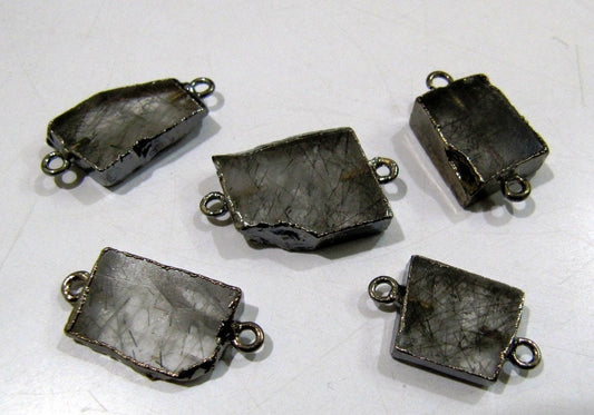 2Pc.- Natural Black Rutilated Quartz Slice Connector Free Form Double Loop 1 inch approximately Top Quality Electroplated Connectors