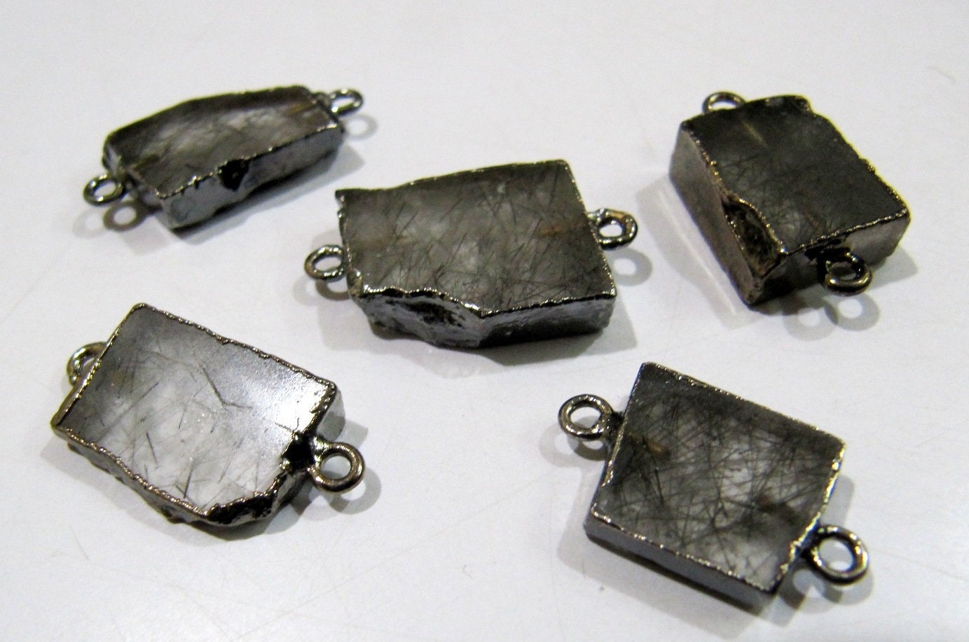 2Pc.- Natural Black Rutilated Quartz Slice Connector Free Form Double Loop 1 inch approximately Top Quality Electroplated Connectors