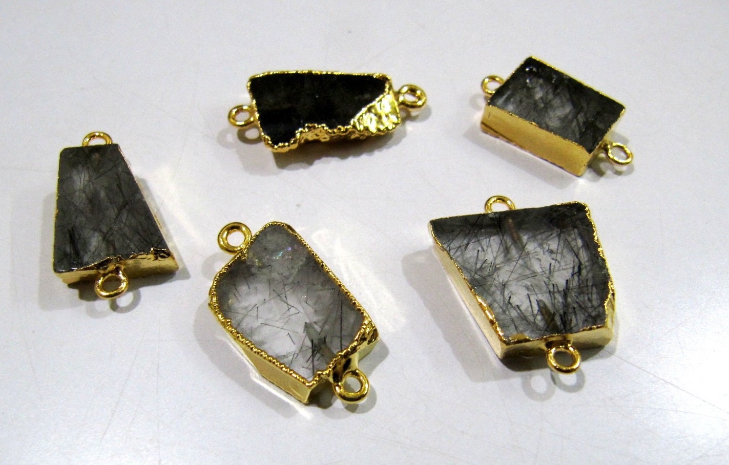 2Pc.- Natural Black Rutilated Quartz Slice Connector Free Form Double Loop 1 inch approximately Top Quality Electroplated Connectors
