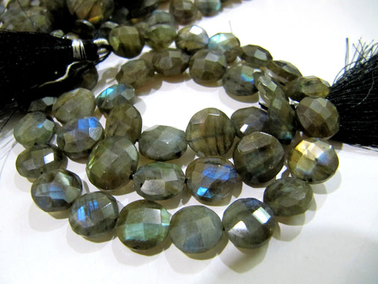 Natural Labradorite Coin Shape Briolette 10-18mm Beads Blue Flashy  Strands 8.5 inch Long Black Rainbow Jewelry Making Gemstone Beads