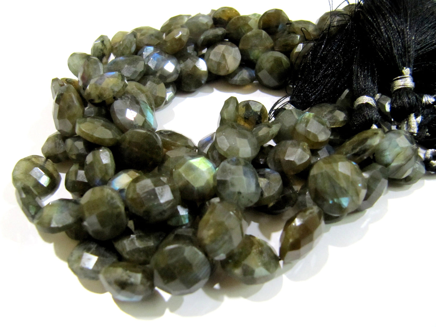 Natural Labradorite Coin Shape Briolette 10-18mm Beads Blue Flashy  Strands 8.5 inch Long Black Rainbow Jewelry Making Gemstone Beads