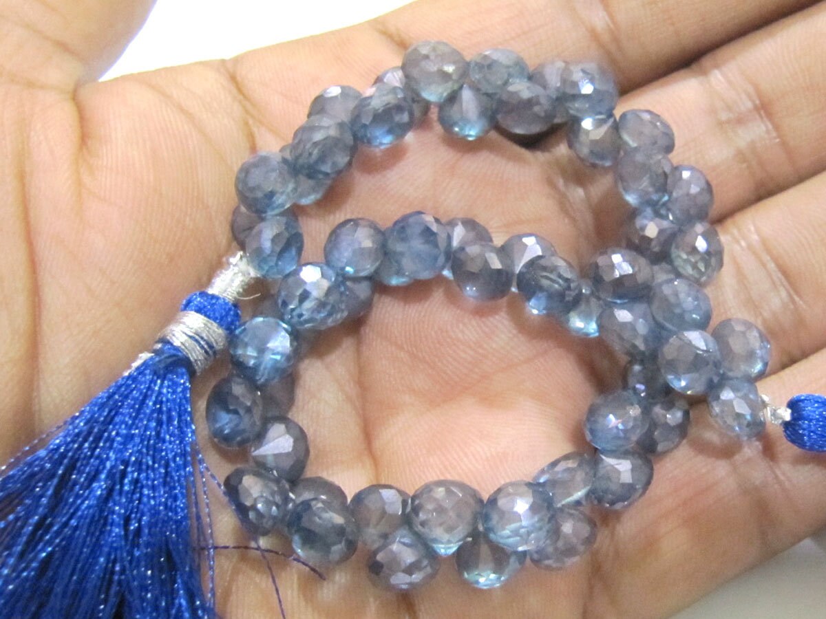 AAA Quality Natural Rock Crystal Onion Shape Briolette 6-7mm AB Mystic Coated Blue Crystal Beads Strand 8 Inches long Wholesale Prices