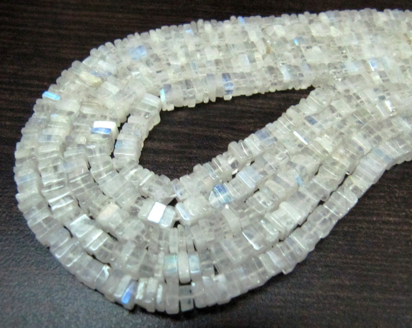 Top Quality Natural Rainbow Moonstone Heishi Cut Beads / Blue Flashy White Moonstone 4-5mm Size Beads / Strand 8 inch / Square Shape Beads
