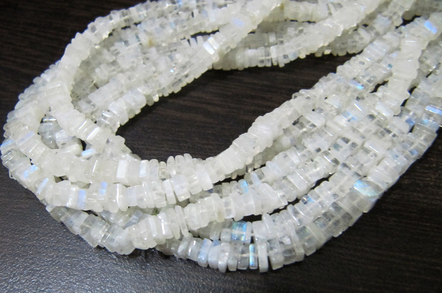 Top Quality Natural Rainbow Moonstone Heishi Cut Beads / Blue Flashy White Moonstone 4-5mm Size Beads / Strand 8 inch / Square Shape Beads