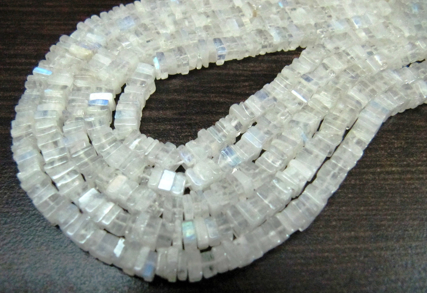 Top Quality Natural Rainbow Moonstone Heishi Cut Beads / Blue Flashy White Moonstone 4-5mm Size Beads / Strand 8 inch / Square Shape Beads