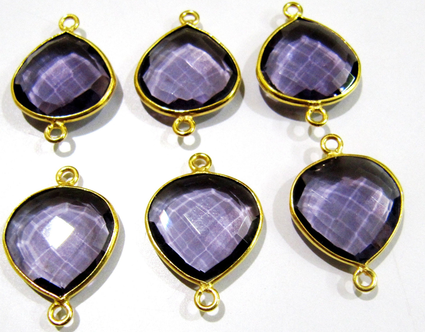 2 Pcs Set Amethyst Heart Shape 13 to15 mm Briolette Connectors Amethyst Hydro Quartz Double Loop Bezel charms Top Quality Wholesale price