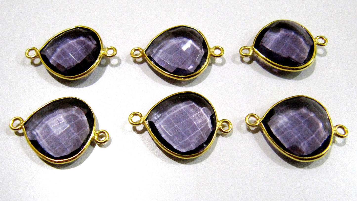 2 Pcs Set Amethyst Heart Shape 13 to15 mm Briolette Connectors Amethyst Hydro Quartz Double Loop Bezel charms Top Quality Wholesale price