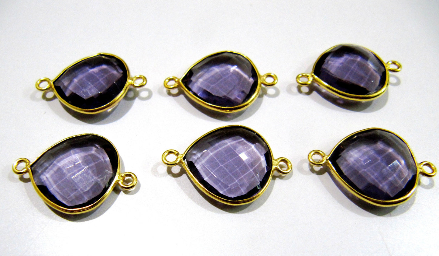 2 Pcs Set Amethyst Heart Shape 13 to15 mm Briolette Connectors Amethyst Hydro Quartz Double Loop Bezel charms Top Quality Wholesale price