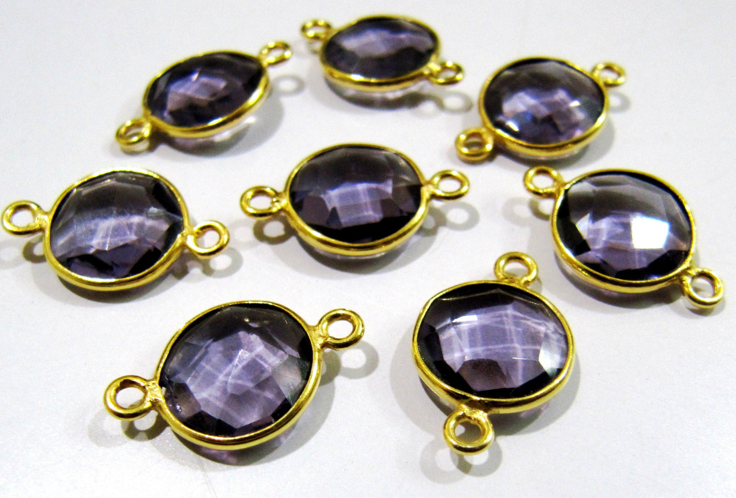 2 Pcs Set Amethyst Round Coin Shape 14mm Briolette Connectors Hydro Quartz Amethyst Double Loop Bezel Charms Top Quality Wholesale