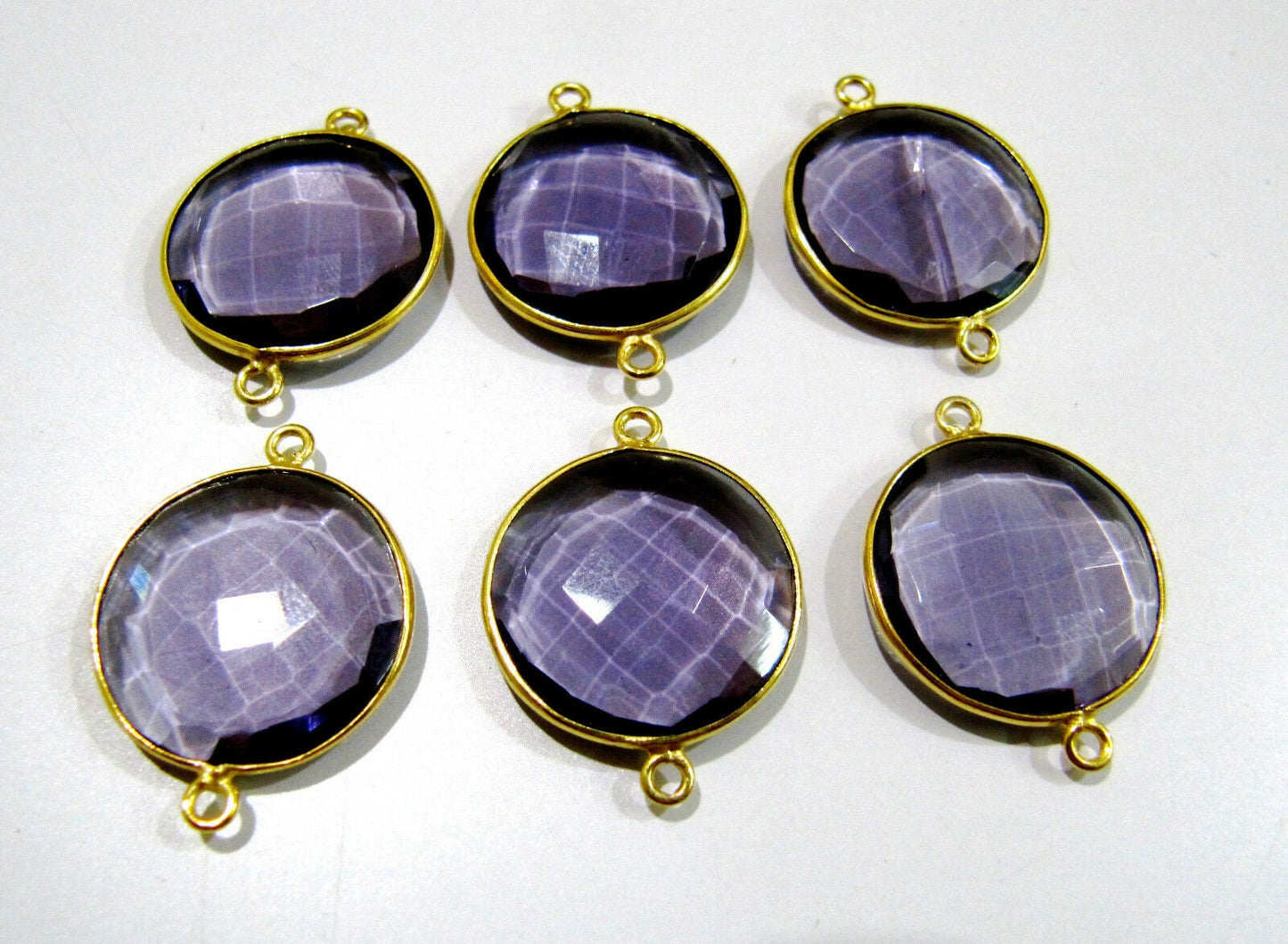 2 Pcs Set Amethyst Round Coin Shape 14mm Briolette Connectors Hydro Quartz Amethyst Double Loop Bezel Charms Top Quality Wholesale