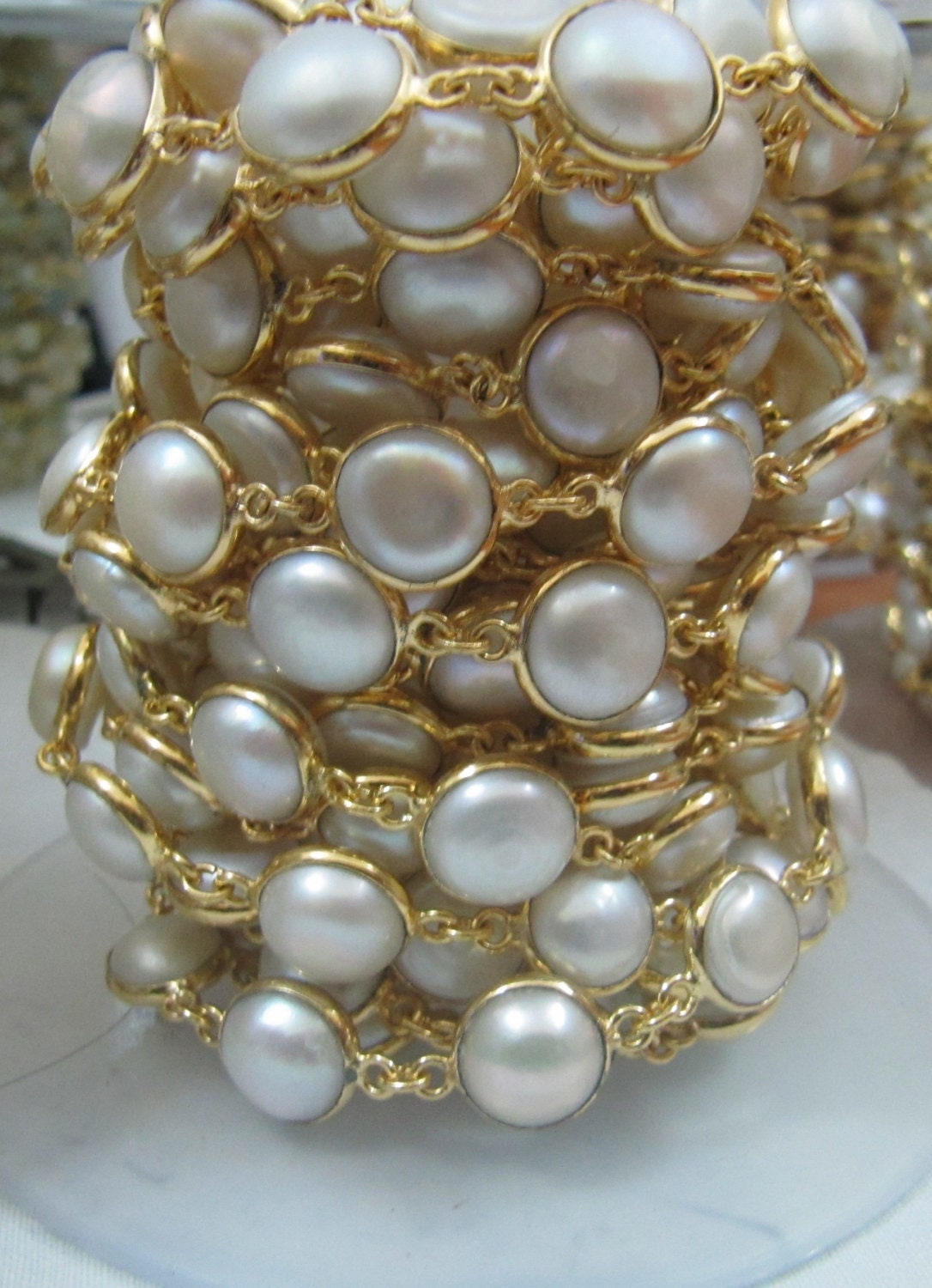 Natural Pearl Tiff Chain 6-7mm Pearl Coin Shape Bezel Connector handmade chain sold per foot
