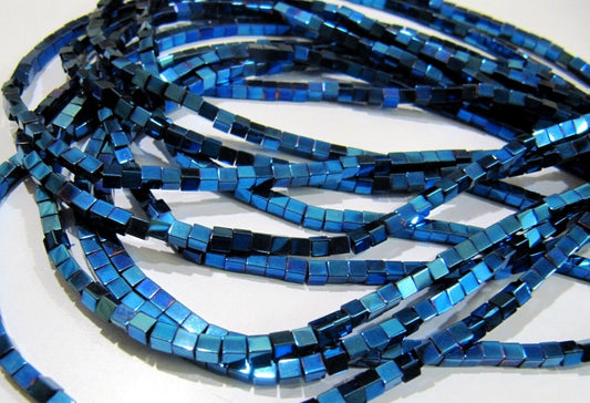 AAA Quality Royal Blue Color Hematite Cube Beads  Box Shape Hematite Beads 2mm Size Strand 15-16 inch long Wholesale Prices